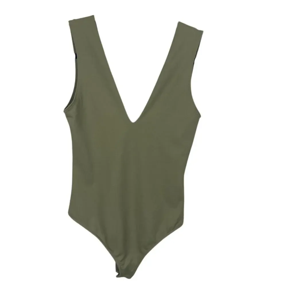 Free People Bodysuit Keep It Sleek Deep V Front And Back Sage Green Versatile